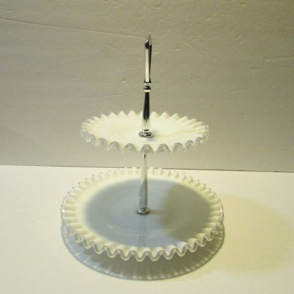 Fenton silver crest tidbit tray white with clear trim 2 tier serving plate - Picture 5 of 12